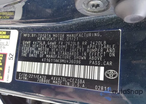 2021 Toyota Camry Se z USA, uszkodzony, nr VIN 4T1G11AK9MU436096